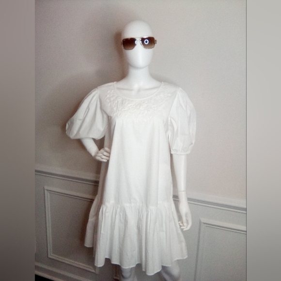 Women's Samson White Puff Sleeve Dress, Size Large, White - Picture 3 of 16